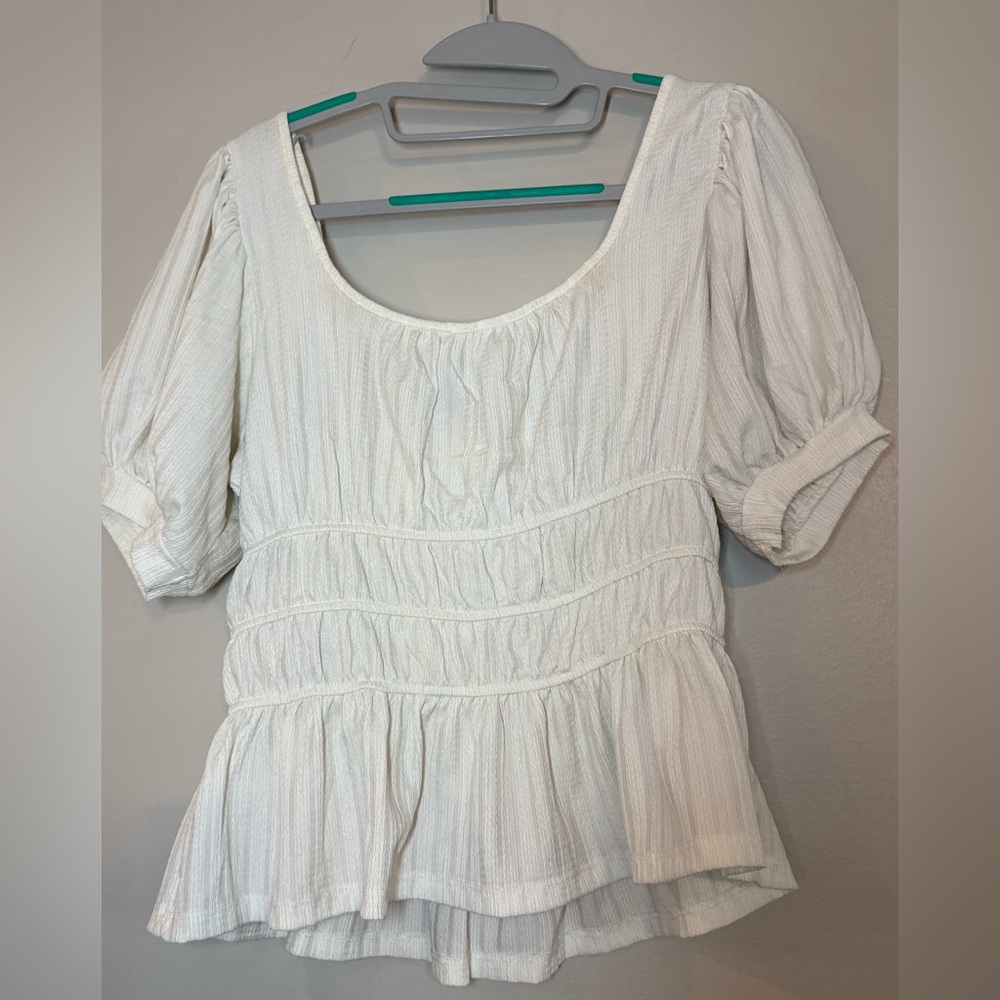 Maeve Anthropologie Smocked Peplum Top round Neck Blouse White medium  Gauzy